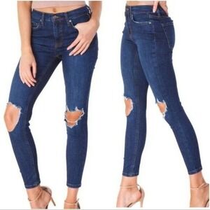 The Earnest Sewn High Rise Busted Knee Raw Hem Super Slim Jeans Sz 28 Dark Wash